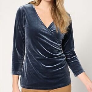 NWT Susan GraverKnit Velvet 3/4 sleeve Faux-wrap top Navy medium